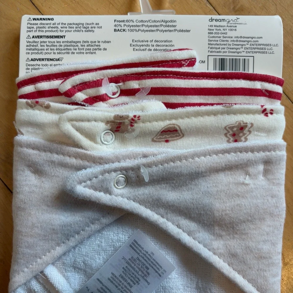 3 PC Christmas Bandana Bibs Snap Closure Gingerbread Red & White Size 0-12M